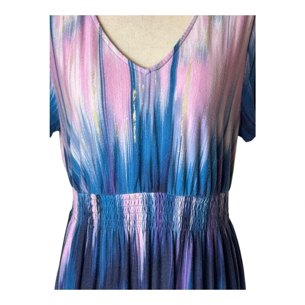 Soma Nightgown Women Medium Blue Pink Tie Dye‎ V Neck Smocked Waist Sleep Shirt